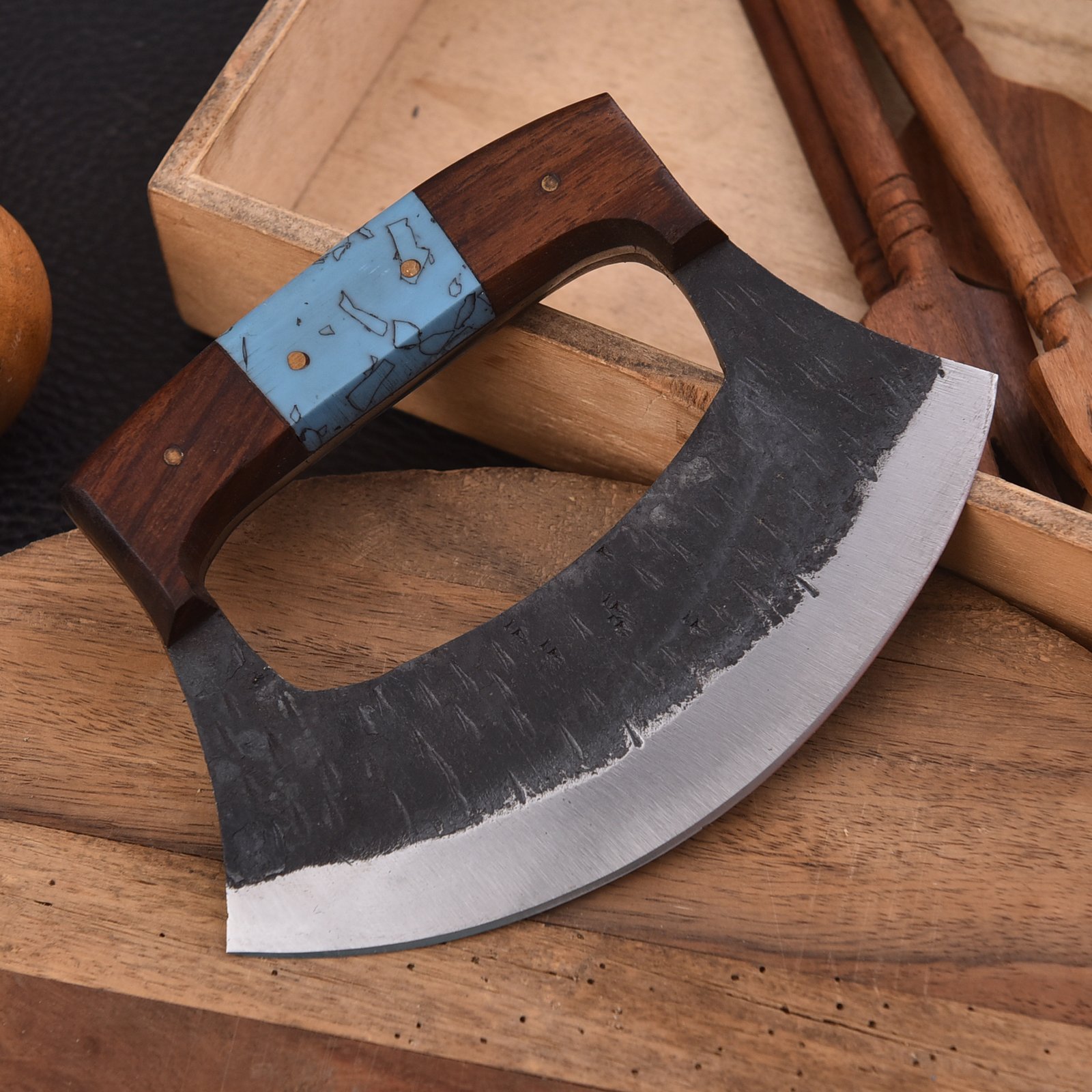 Handmade 8.5" High Carbon Steel Ulu Knife with Turquoise Resin Handle