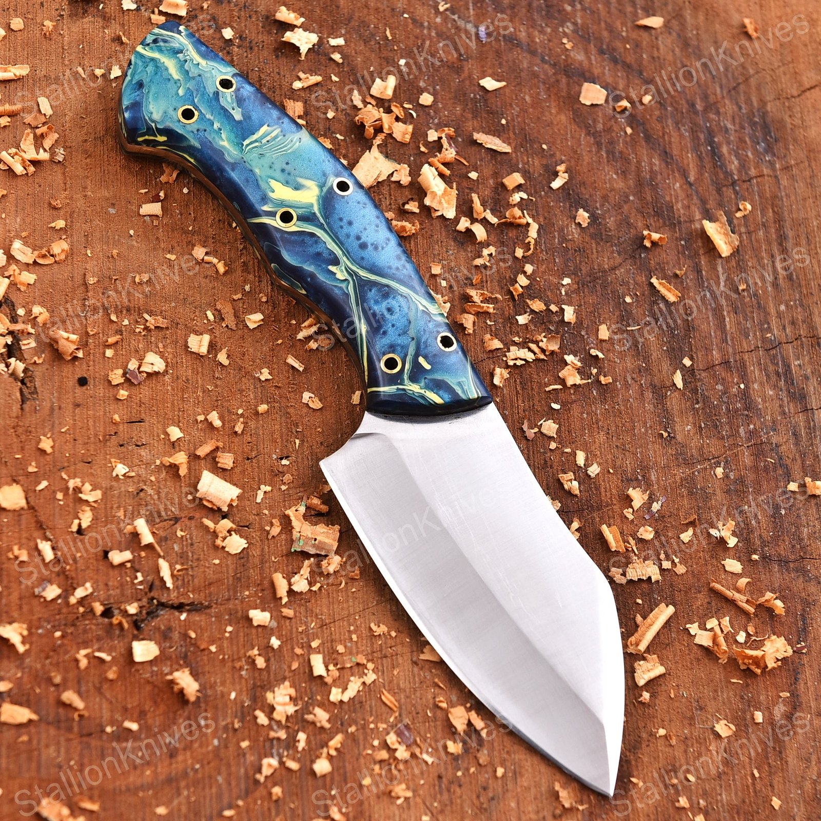 Handmade Steel Tactical Knife with Swirled Blue Resin Handle