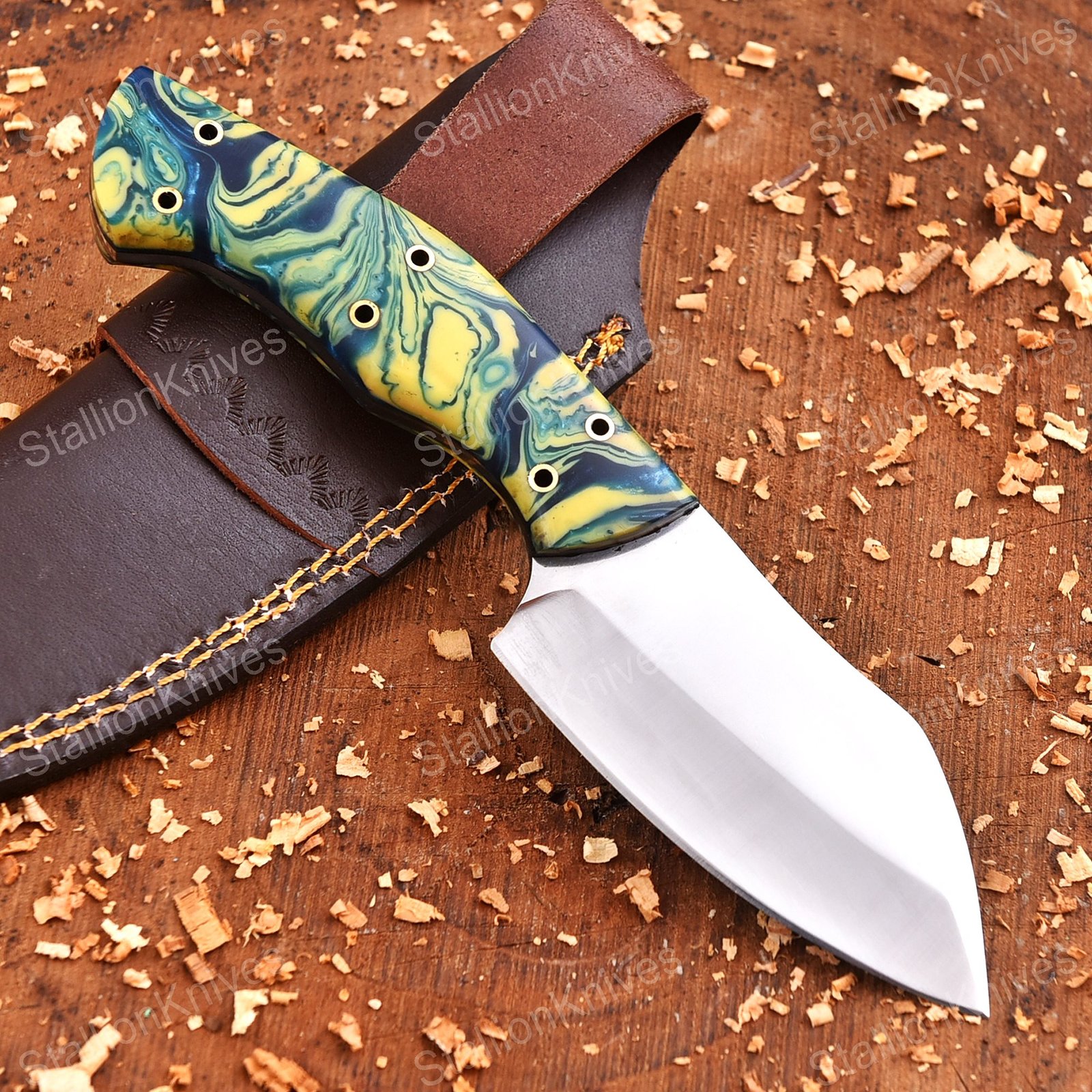 Handmade High Polish Steel Tactical Knife - Blue Resin Swirl Handle