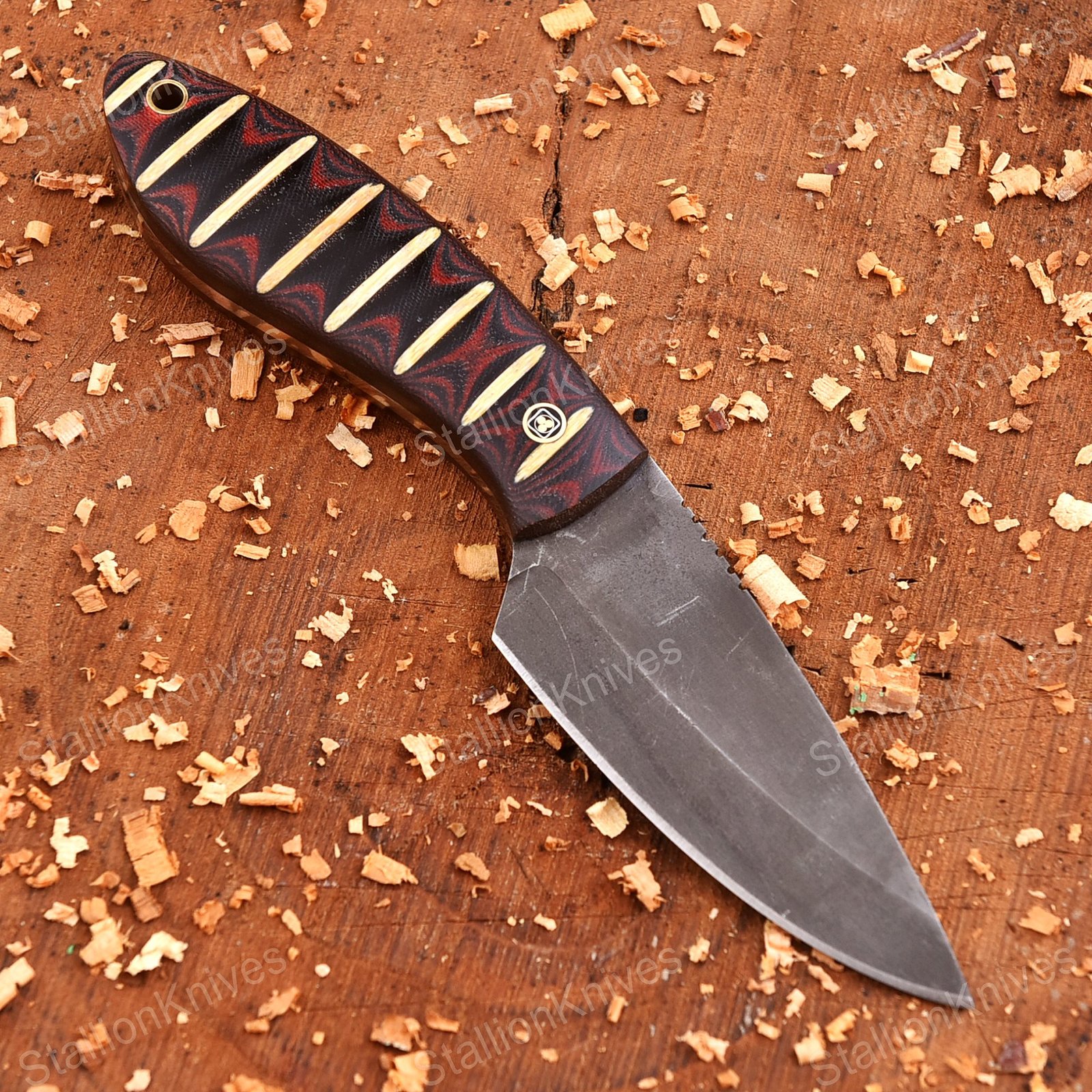 Handmade Stone Wash Steel Skinner Knife - Wood & Resin Inlay Handle