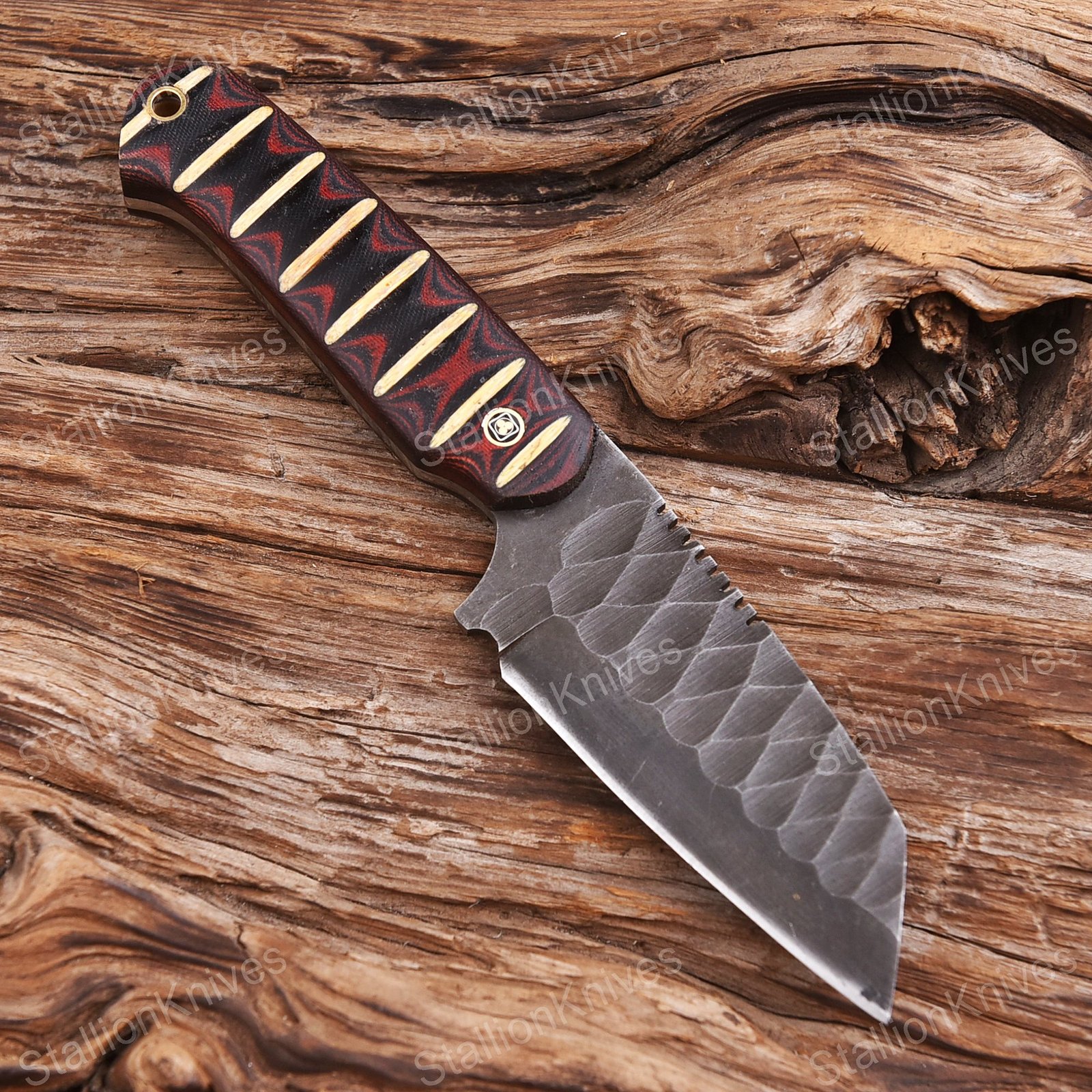 Handmade Forged Carbon Steel Fixed Blade Tracker Knife - Full Tang EDC Hunting Tool with Scalloped Stonewash Finish and Crimson Layered G10 Handle