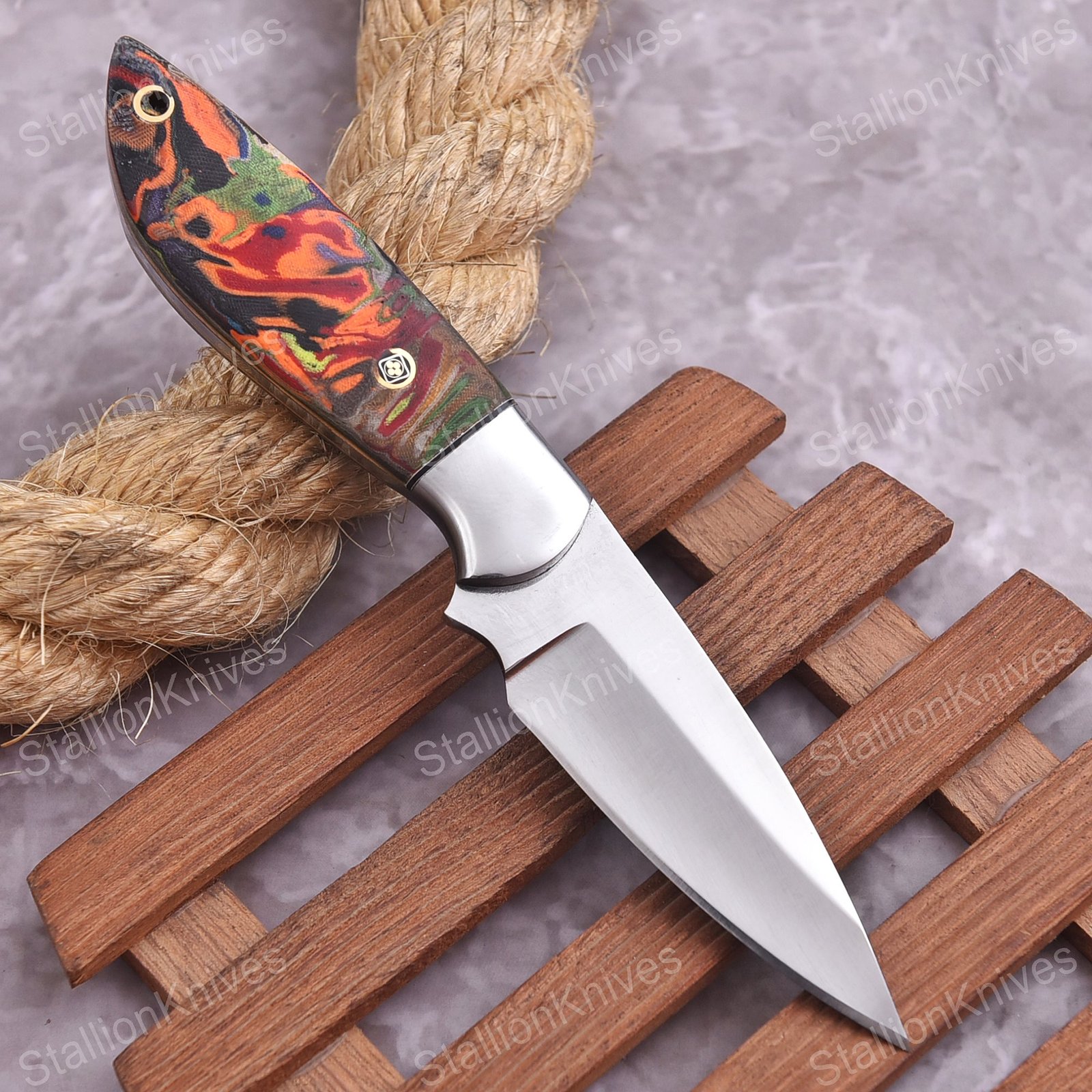 Handmade Steel Skinner Knife with Fire Camo Resin Handle, EDC