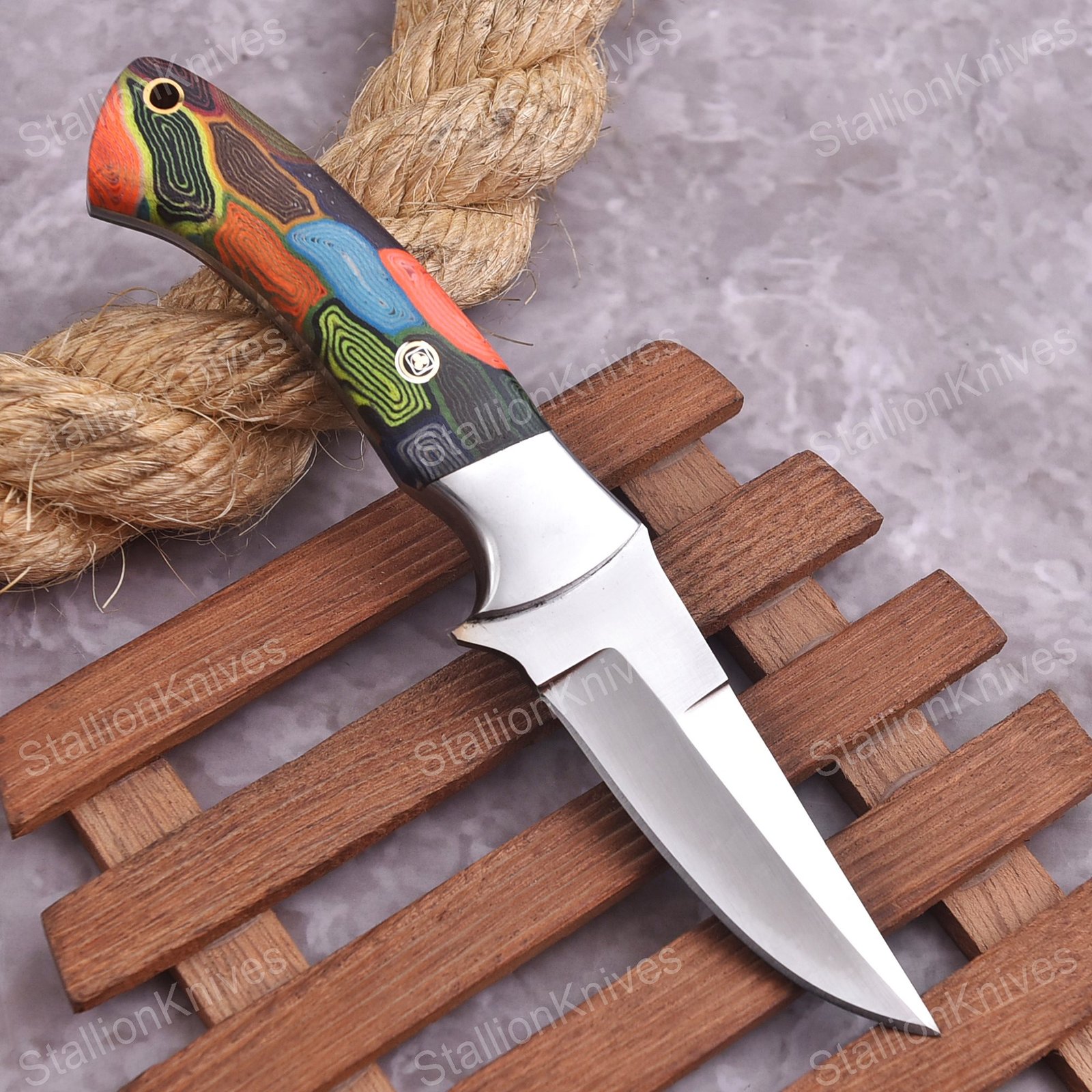 Handmade Steel Skinner Knife with Colorful Camo G10 Handle, EDC