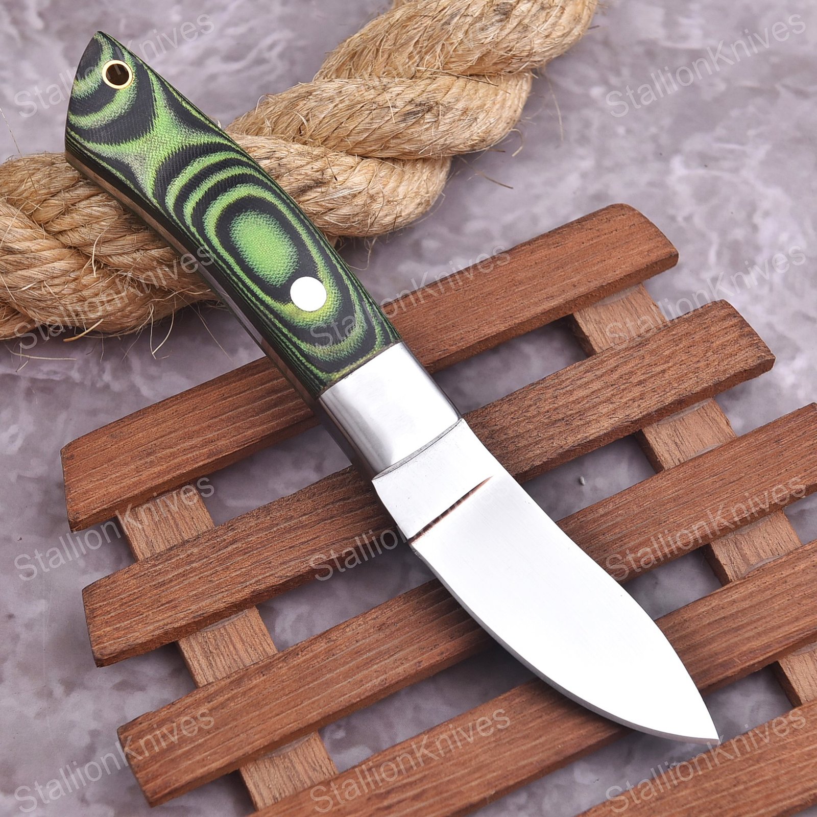 Handmade Steel Skinner Knife with Green Camo G10 Handle, EDC