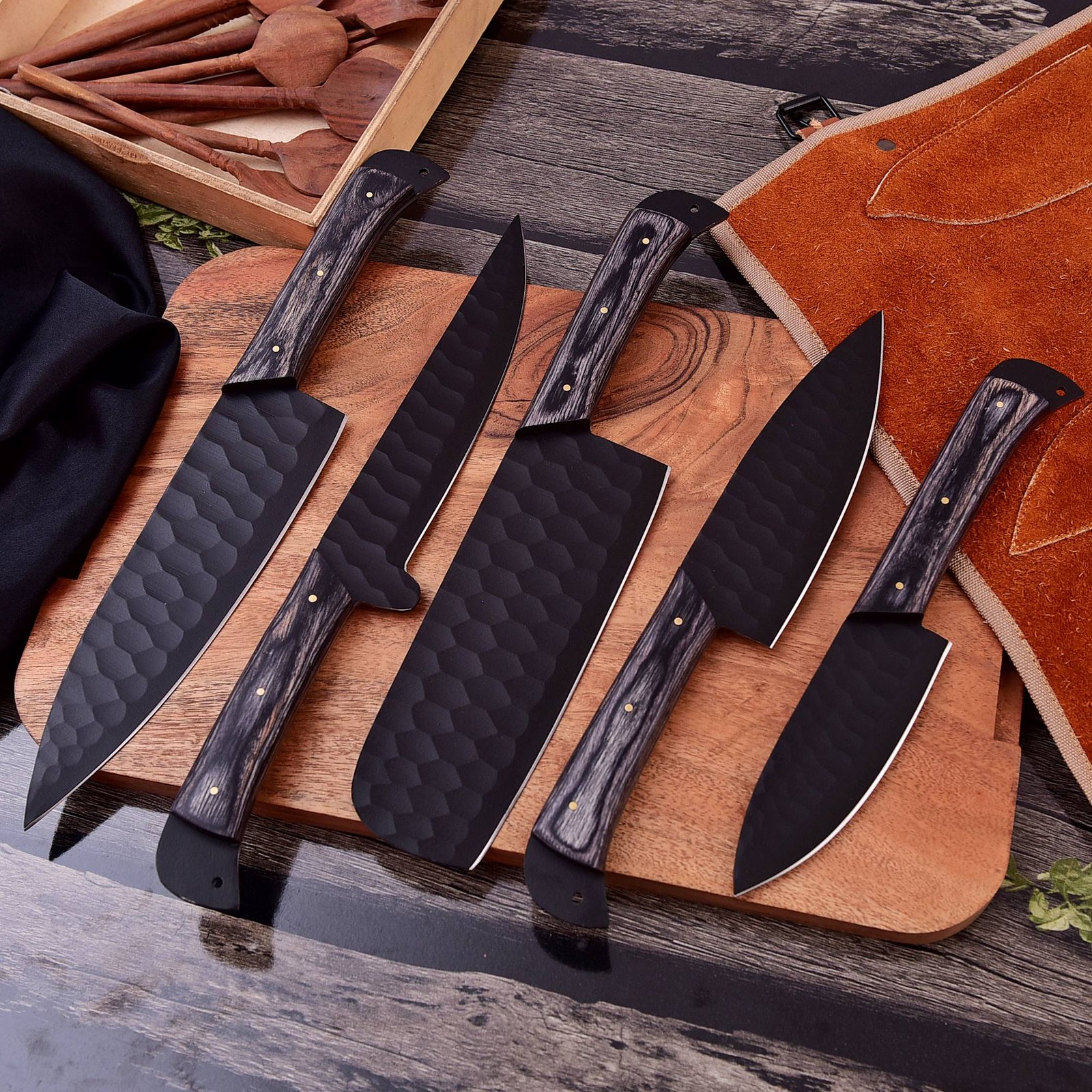 5-Piece Handmade Carbon Steel Chef Knife Set, Hammered, Turquoise
