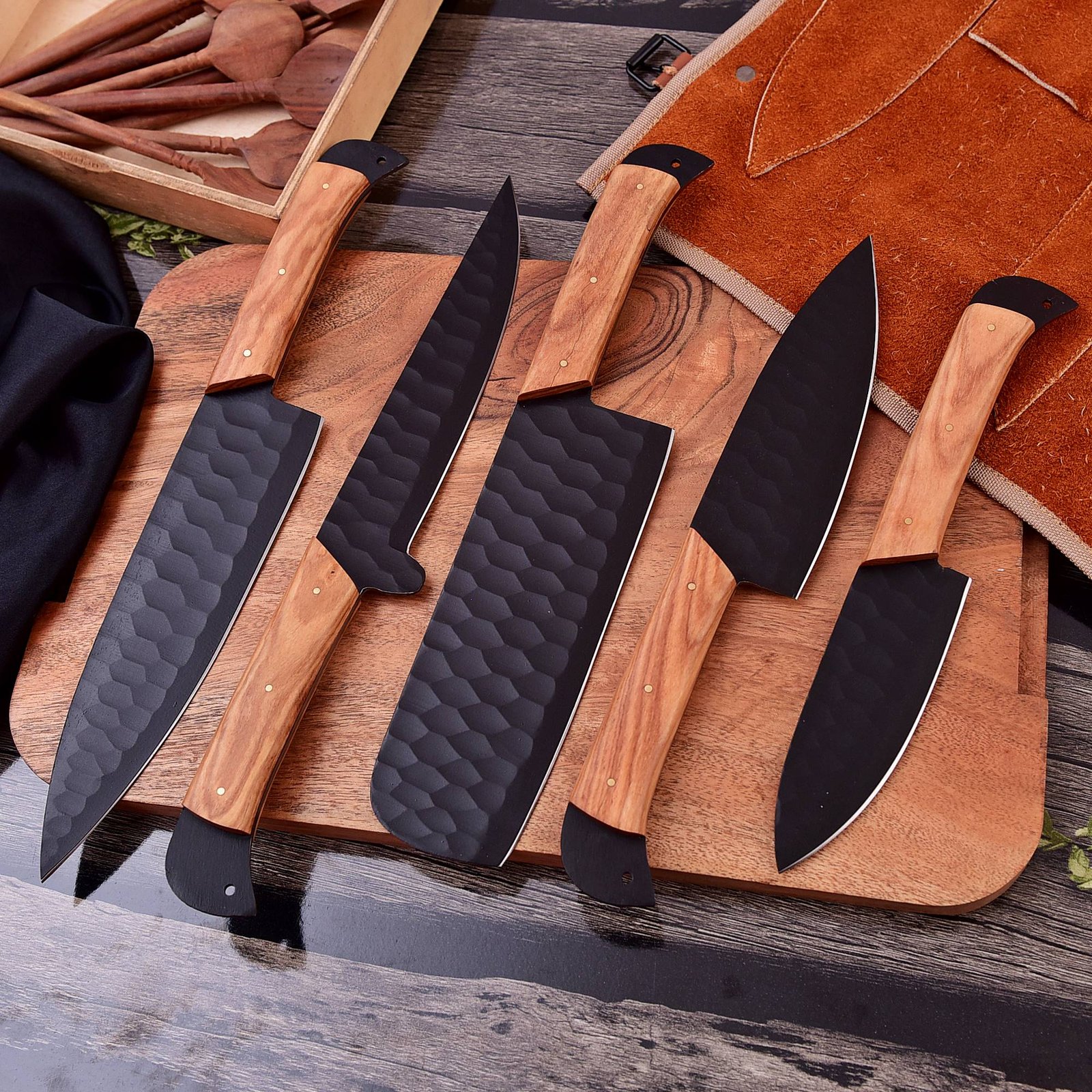 5-Piece Premium D2 Steel Chef Knife Set with Leather Roll Bag