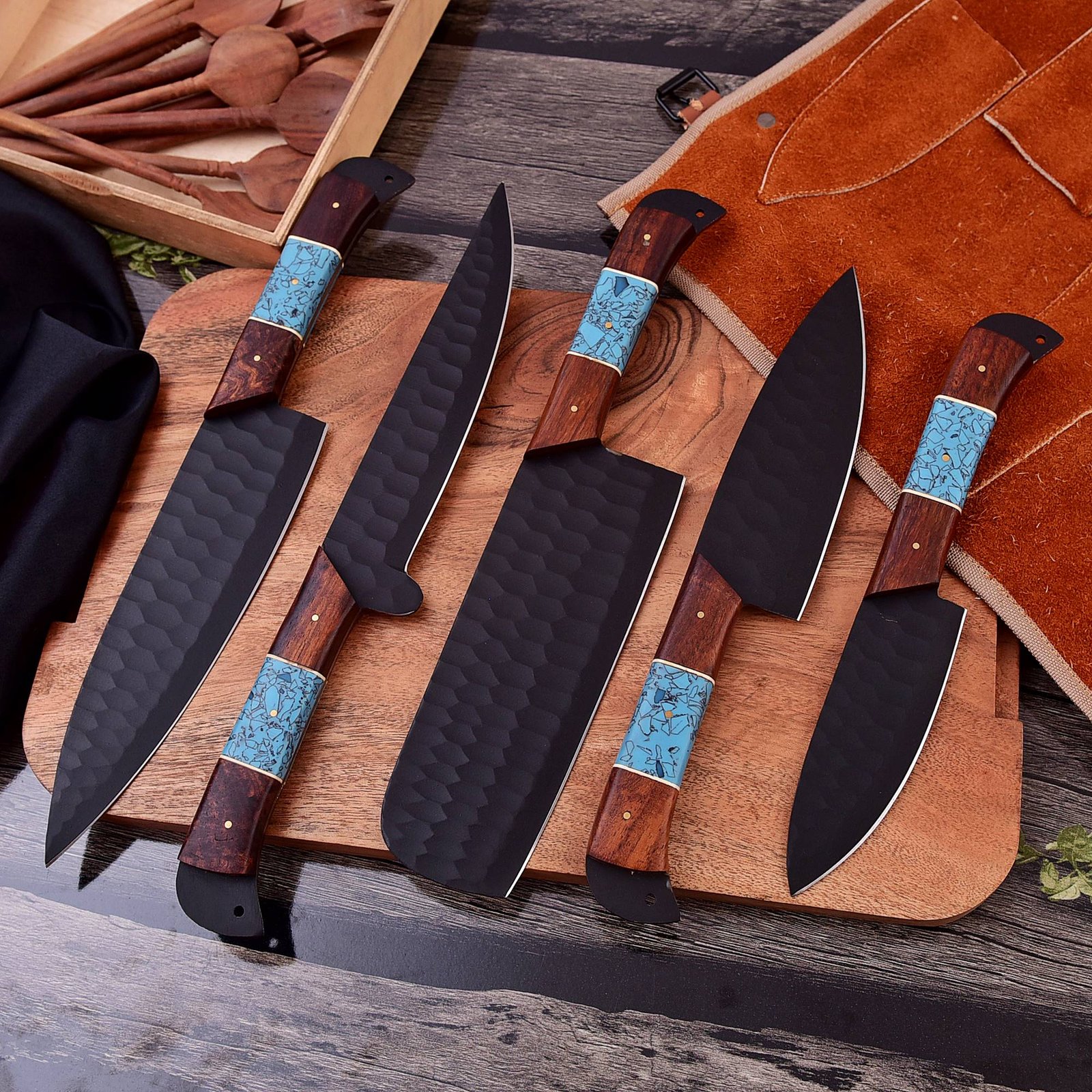 5-Piece Handmade Damascus Steel Chef Knife Set, Red & Purple Handle