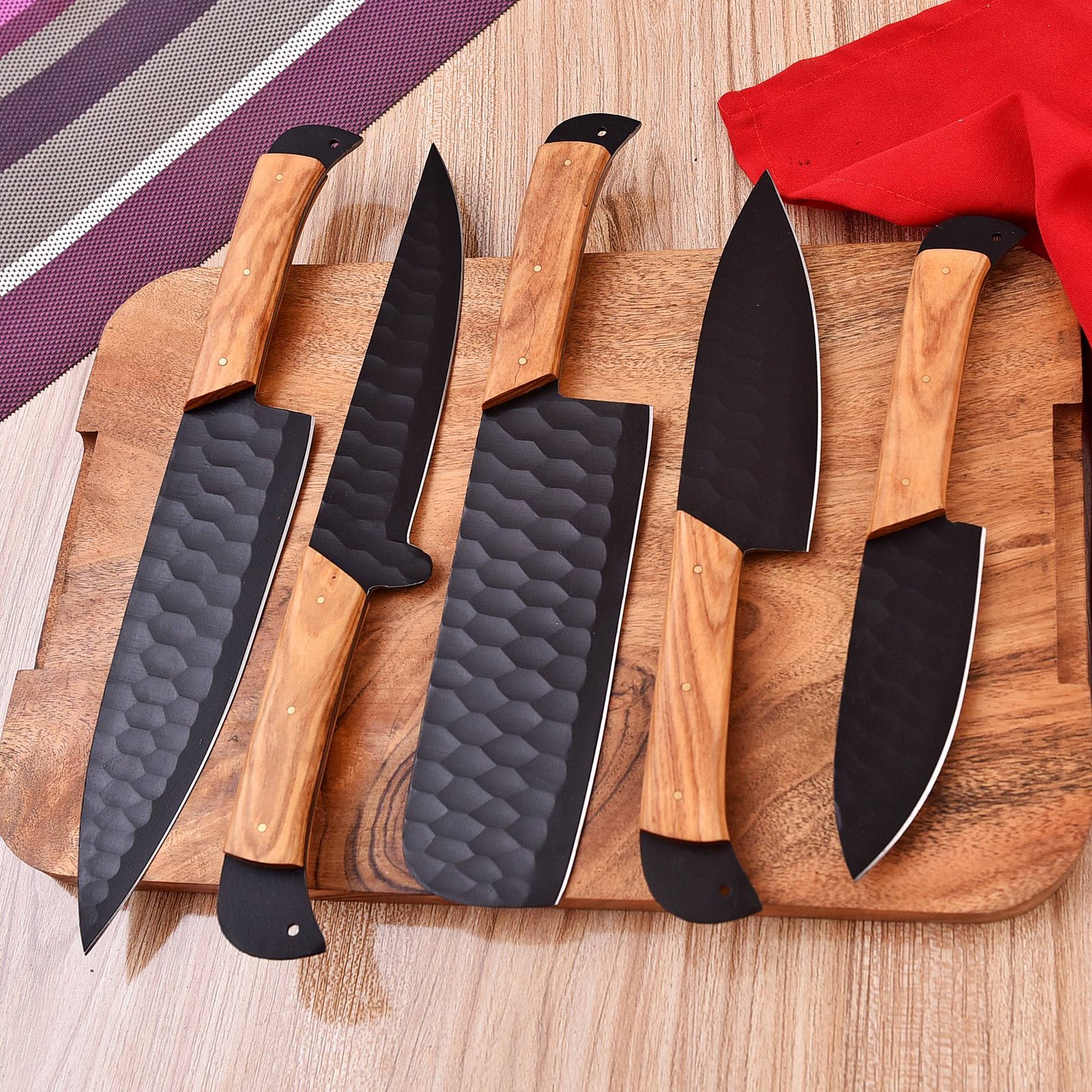 5-Piece Handmade Carbon Steel Chef Knife Set - Full Tang Kitchen Utility Set with Black Hammered Blades and Light Olive Wood Handles