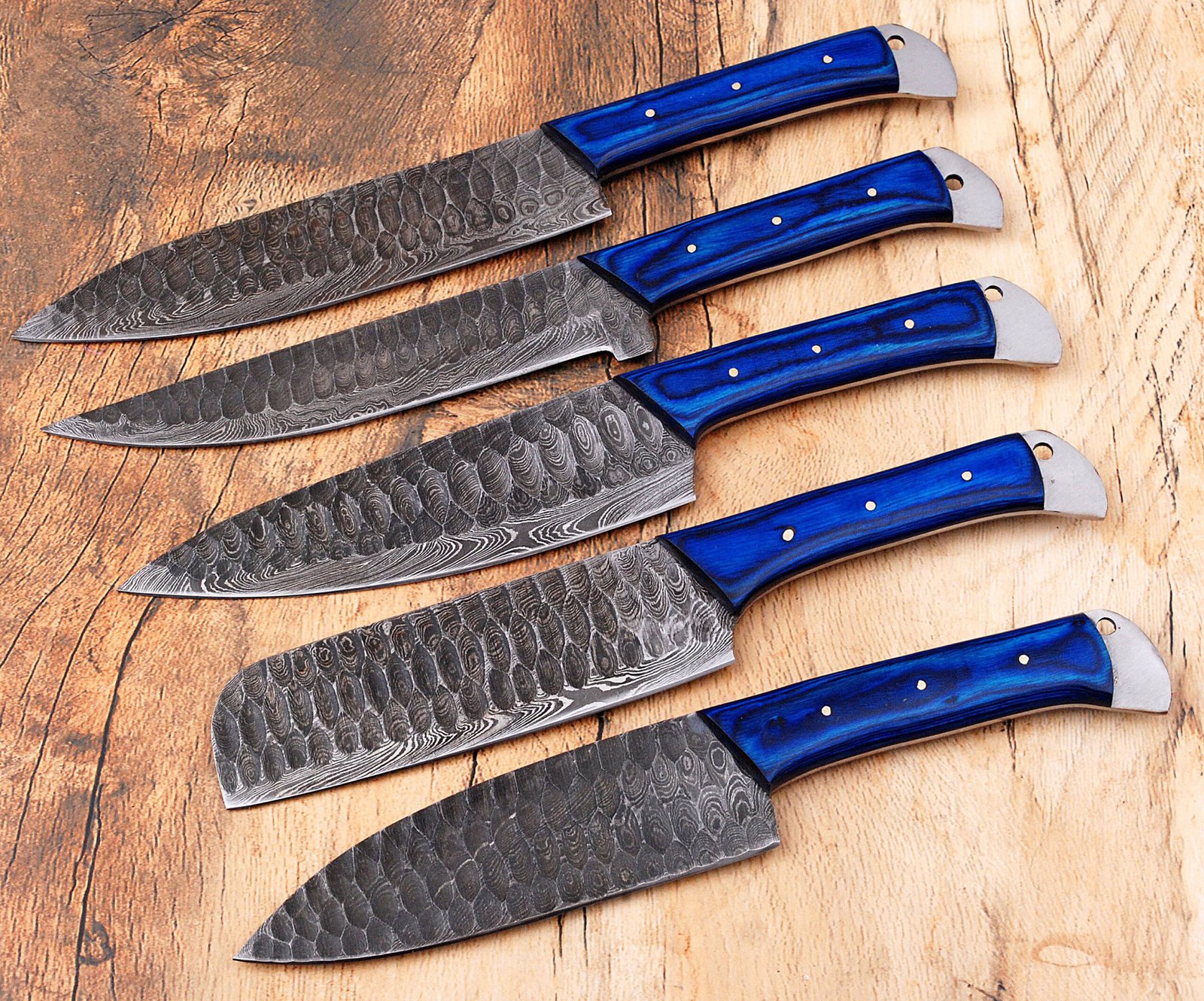 5-Piece Handmade Carbon Steel Chef Knife Set - Full Tang Kitchen Utility Set with Textured Hammered Finish and Vibrant Blue Handles