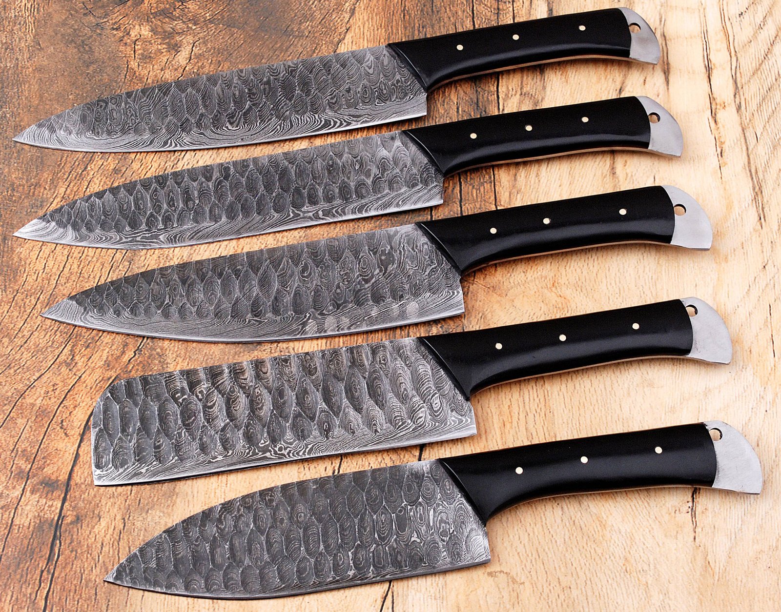 5-Piece Handmade Carbon Steel Chef Knife Set, Hammered Finish