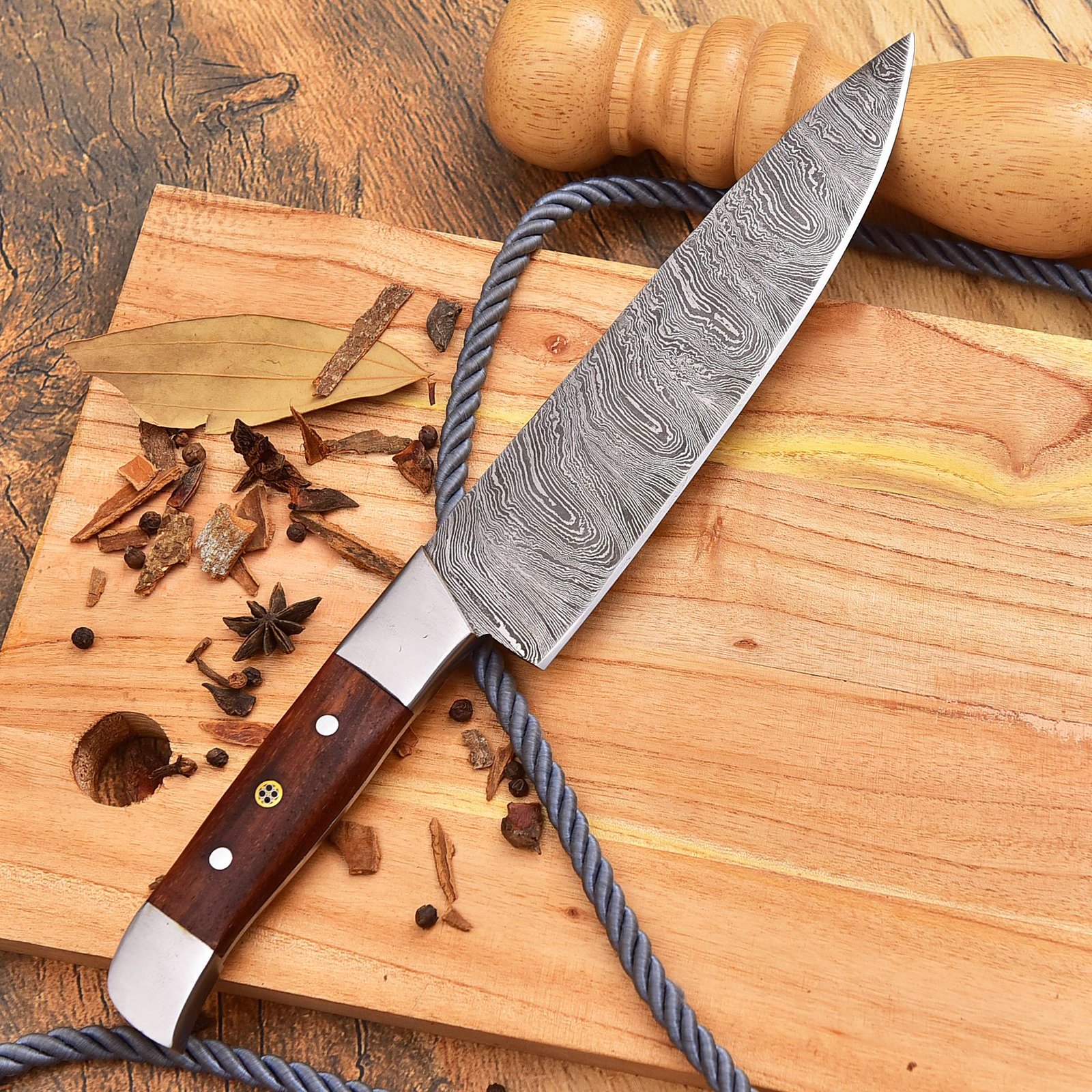 8'' Handmade Damascus Steel Chef Knife - Full Tang Kitchen Cleaver with Rosewood Handle and Stainless Steel Bolster