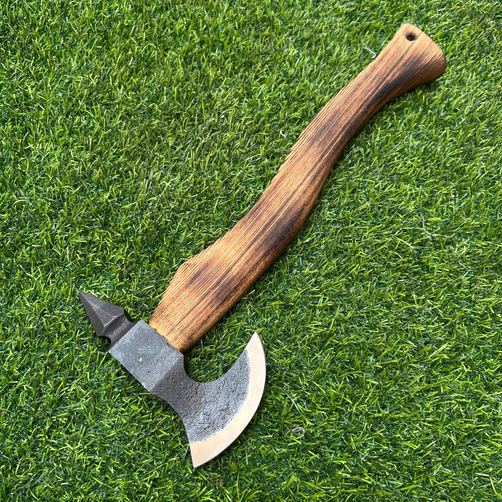 Handmade Carbon Steel Bearded Camping Axe - Forged Tomahawk with Spike and Curved Ash Wood Handle for Outdoor Survival