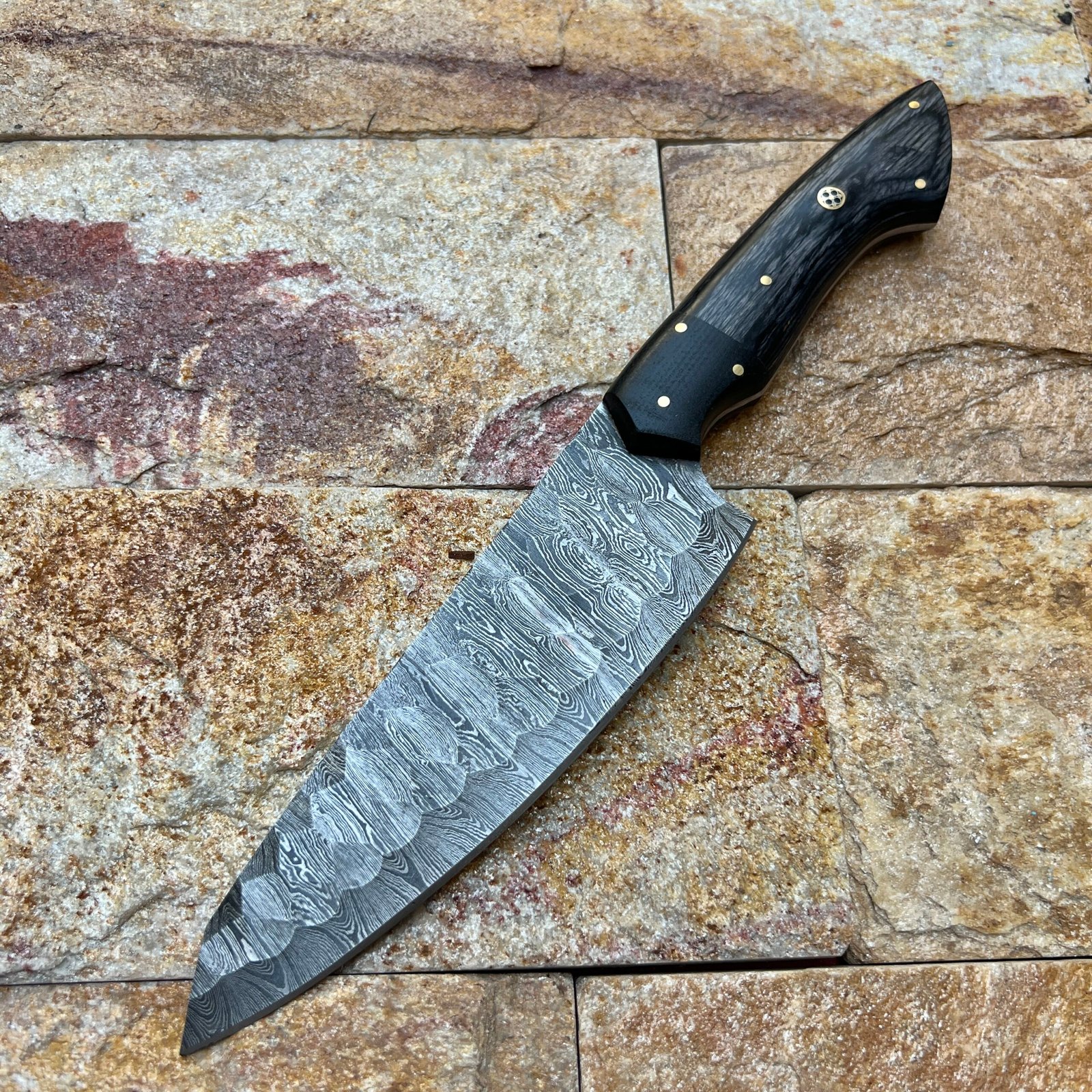 8'' Handmade Carbon Steel Chef Knife - Full Tang Kitchen Utility Blade with Segmented Wood Handle and Dark Accents