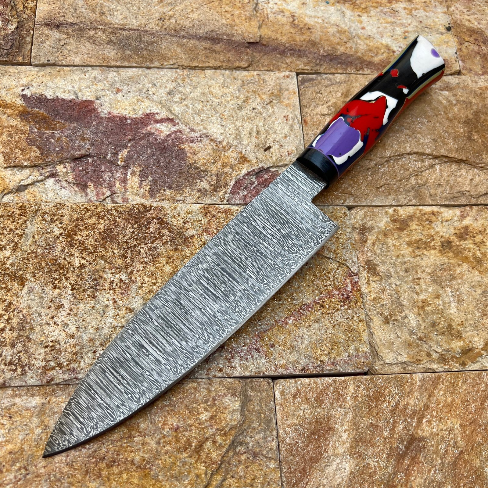 8'' Handmade Carbon Steel Chef Knife - Full Tang Kitchen Cleaver with Hammered Scale Texture and Curly Burl Wood Handle