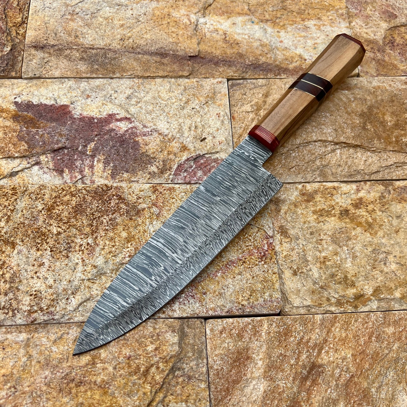 Handmade 8" Carbon Steel Chef Knife, Red & Black Swirl Resin Handle