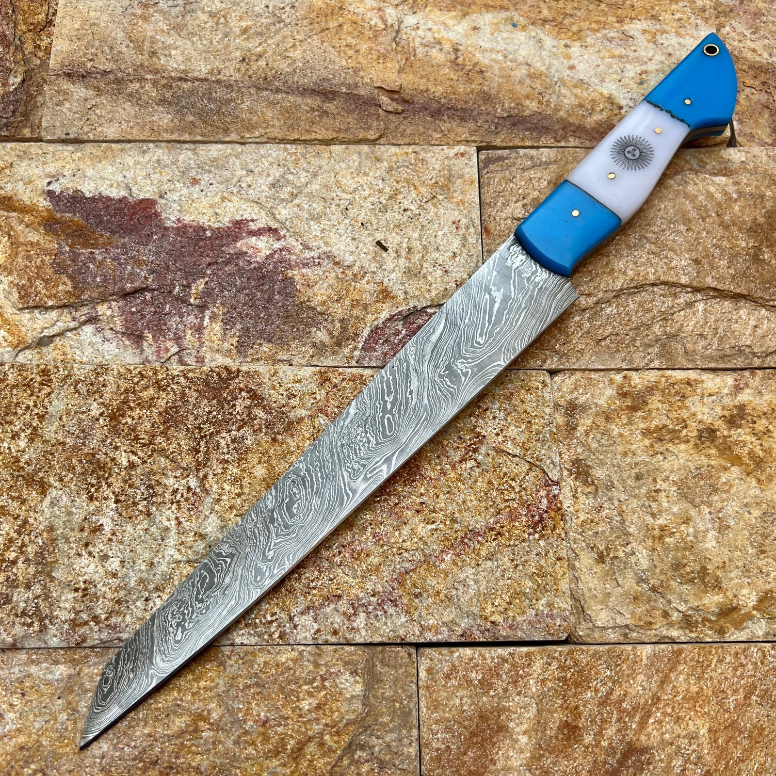 13'' Handmade Stainless Steel Fillet Knife - Full Tang Flexible Fish Filleting Tool with Blue Wood and Bone Handle
